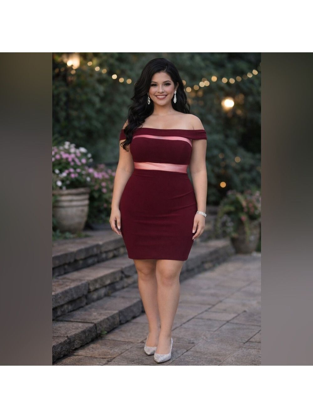 Size Large 12 14 Burgundy Stretch Cocktail Short Dress Homecoming off shoulder